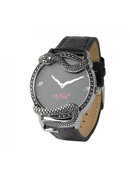 Ceas de mana Et Nox, din inox si piele, de culoare argintiu cu negru si model cu sarpe incolacit pe cadranul ceasului ce are diametrul de 3,6 cm.