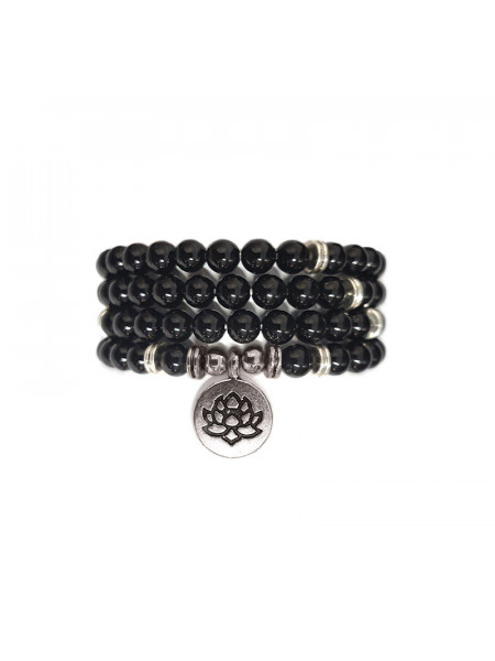 Colier / Bratara elastica din 108 sfere de Onix si charm placat cu argint Floare de Lotus - Perlele Eternitatii - Img 1