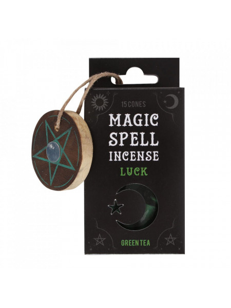 Conuri de tamaie parfumate, de culoare verde, cu aroma de ceai verde, pentru ritualuri de noroc, in cutie neagra cu un suport de conuri, de lemn, cu model cu pentagrama, Magic Spell