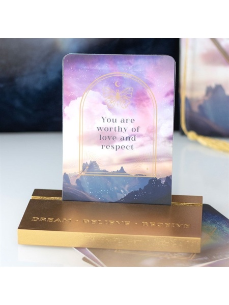 Set de carduri cu mesaje de afirmatii pozitive Ethereal cu suport din lemn