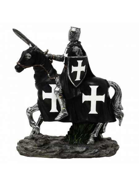 Statueta Cavaler Medieval Templier pe Cal 22 cm, alb cu negru
