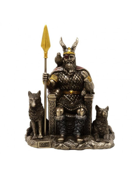Statueta finisaj bronz Zeul Nordic Odin pe Tron 21 cm