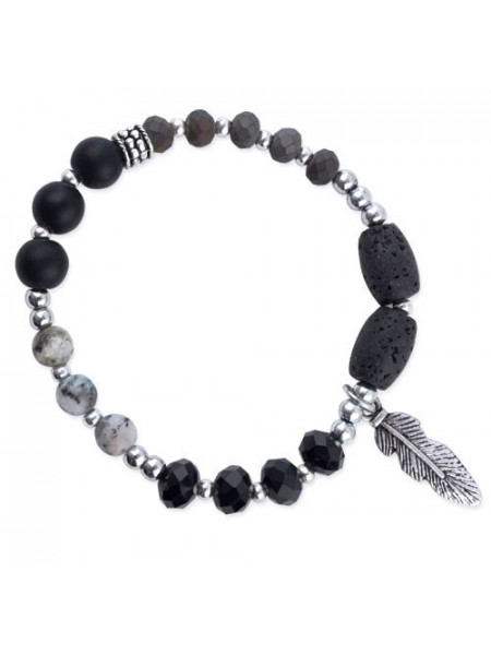Bratara elastica cu margele din geme si charm din aliaj de zinc Pana circumferinta 18 cm