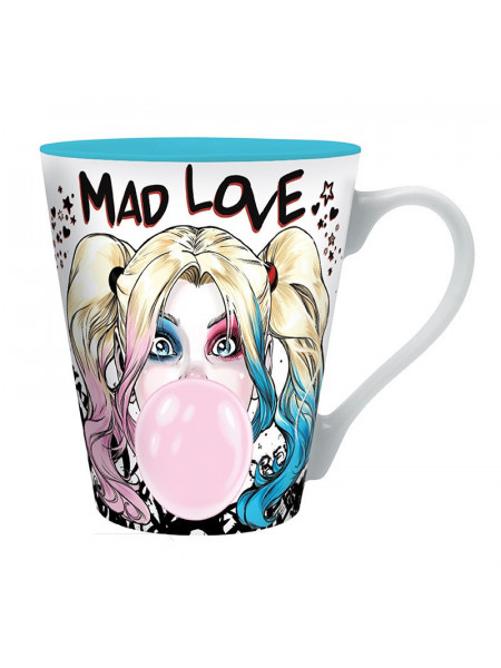 Cana din ceramica licenta DC Comics, model cu Harley Quinn Mad Love, multicolora si cu un text negru iar capacitatea este de 250 ml.