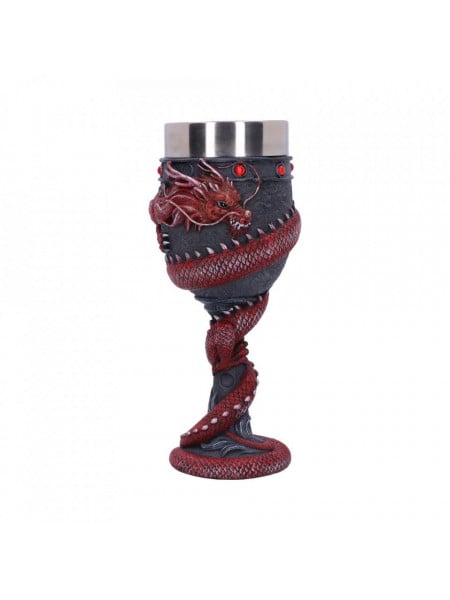 Pocal din rasina si interior din inox, cu model cu un dragon incolacit rosu pe un fundal negru, cu dimensiunea de 19 cm, Nemesis Now.