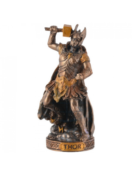 Mini statueta din rasina de culoarea bronzului reprezentand zeul nordic Thor cu ciocanul sau, dimensiune 9 cm