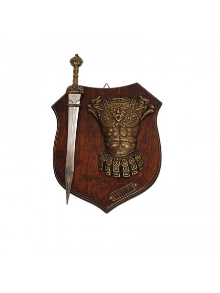 Panoplie lemn cu sabie si armura romana 20x18 cm