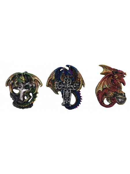 Set 3 magneti de frigider Dragonei pe Cruce, rosu albastru si verde, 8 cm