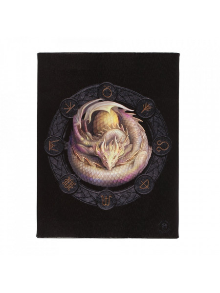 Tablou canvas design Anne Stokes cu model cu dragonul Ostara de culoare auriu cu gri, inconjurat de simboluri celtice, pe un fundal negru, dimensiune 19x25 cm.
