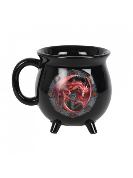 Cana termosensibila din ceramica in forma de cazan design Anne Stokes, de culoare neagra ce are model cu dragonul Lammas de culoare rosie, iar dimeniunea este de 10 cm.