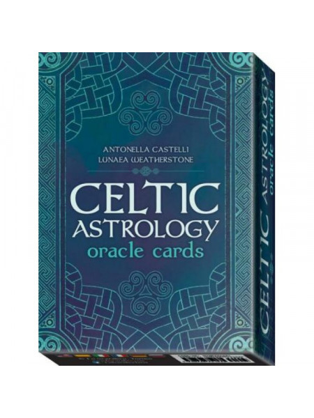 Carti de oracol din carton si alte materiale, ce contine astrologia celtica cu semnificatii si ilustratii iar coperta cutiei este de culoare albastra cu text sugestiv.