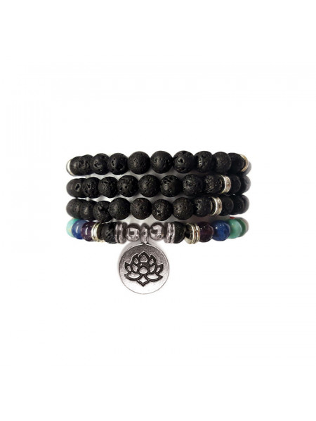 Colier / Bratara elastica din 108 sfere de Piatra Vulcanica si charm placat cu argint Floare de Lotus - Perlele Eternitatii
