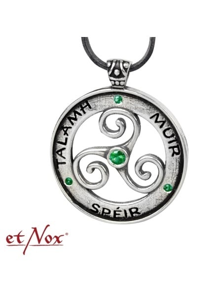 Pandantiv celtic din argint cu zirconii verzi Triskelion - Pamant, Mare, Cer 2.5 cm