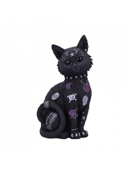 Statueta din rasina, de culoare neagra, in forma de pisica cu tatuaje multicolore si dimensiunea de 22 cm, Nemesis Now.