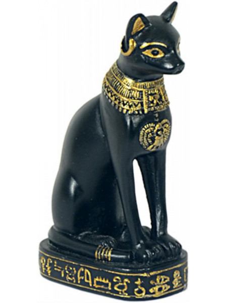 Figurina egipteana din rasina in forma de pisica Bast, are culoarea neagra si este decorata cu detalii aurii iar dimensiunea este de 8 cm.