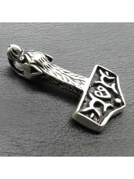 Pandantiv argint Ciocanul lui Thor cu cap de Lup 3.7cm