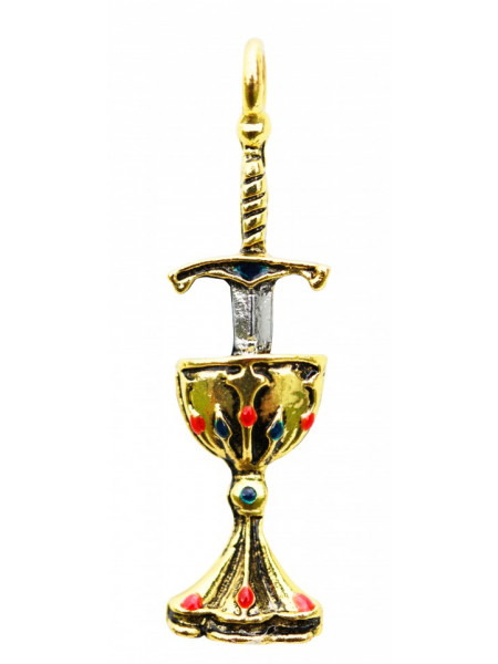 Pandantiv cu lantisor, Cavalerii templieri - Sabie și potir, placat cu argint, 4.3 cm