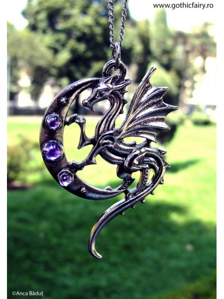 Pandantiv cu lantisor placate cu argint, cu zirconii violet, Mythic Celts - Dragonul lunii, 5.5 cm