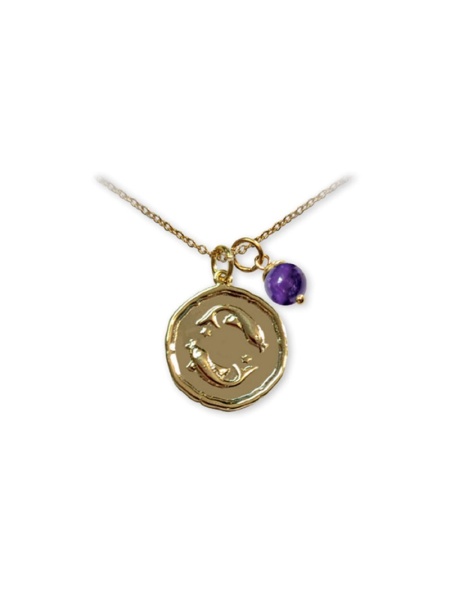 Pandantiv talisman auriu cu lantisor si sfera din piatra semipretioasa Ametist, semn zodiacal Pesti