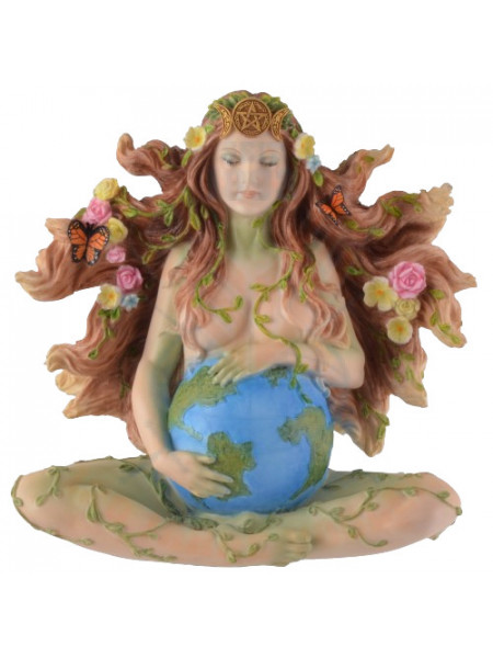 Statueta zeita pamantului Gaia cu flori si fluturi in par 18 cm