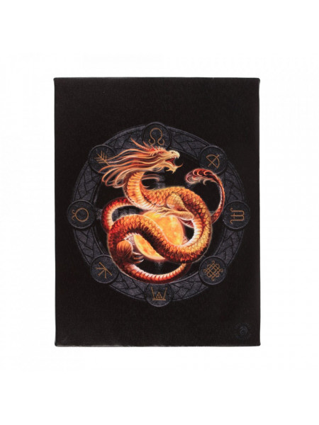 Tablou canvas design Anne Stokes, model cu dragonul Litha, de culoare aurie, ce este inconjurat de simboluri celtice, pe un fundal negru, dimensiune 19x25 cm.
