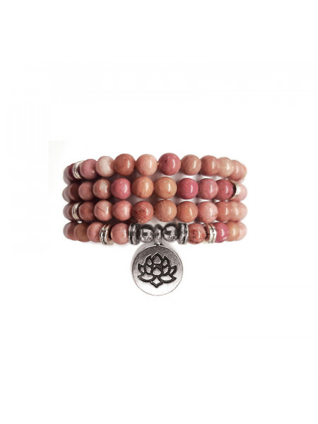 Colier / Bratara elastica din 108 sfere de Rodonit si charm placat cu argint Floare de Lotus - Perlele Eternitatii