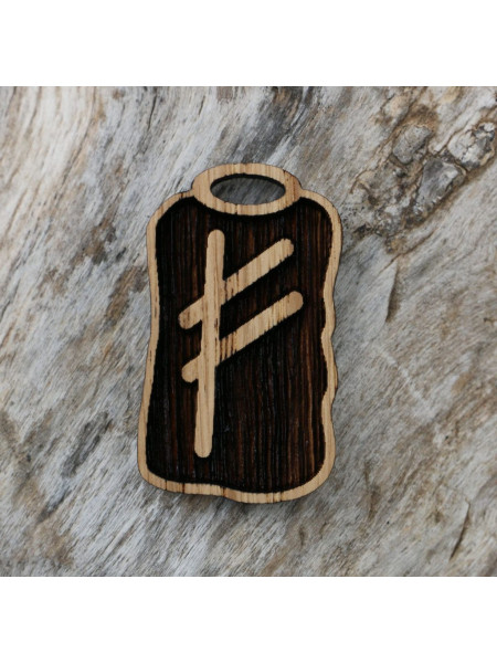 Pandantiv amuleta din lemn cu runa Fehu, talisman pentru prosperitate si noroc