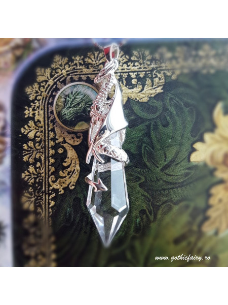 Pandantiv cu lantisor din argint dragon Pastratorul cristalului - Anne Stokes, talisman pentru vindecare si divinatie, 5 cm
