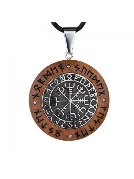 Pandantiv din otel inoxidabil si lemn de nuc Busola Vikinga - Vegvisir 3.8 cm