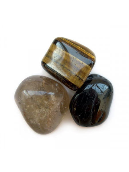 Set de trei pietre semipretioase pentru protectie, cu ochiul tigrului portocaliu si negru, turmalina neagra si quartz fumuriu.