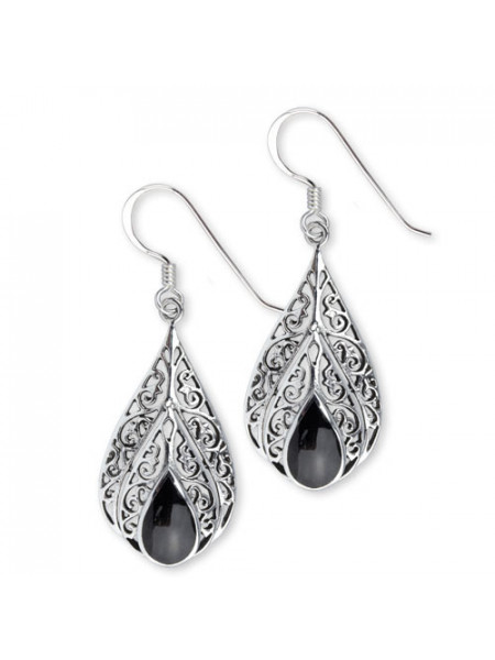 Cercei lungi din argint cu onix Ornament negru cu spirale