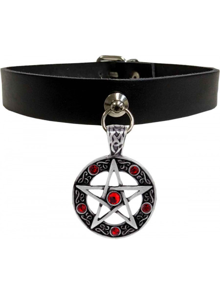 Choker piele naturala cu pentagrama rosie