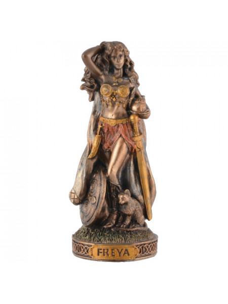 Mini statueta construita din rasina de culoarea bronzului care reprezina zeita nordica Freya, dimensiune 9 cm