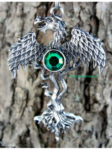 Pandantiv cu lantisor Copacul dragon, placat cu argint, talisman pentru protectie, 6 cm