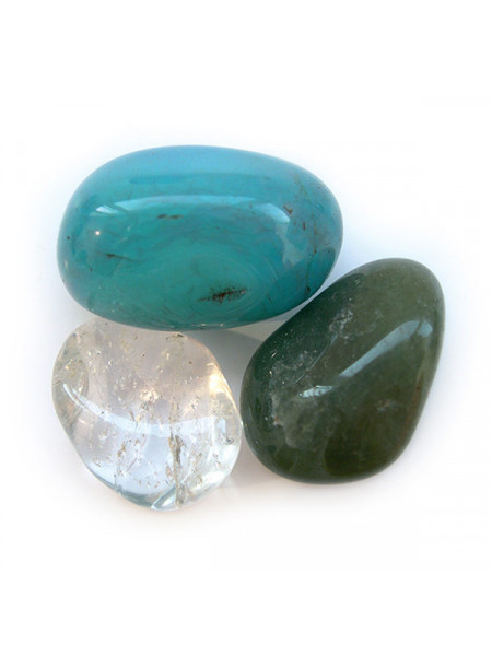 Set de trei pietre semipretioase, pentru bucurie, cu quart transparent, aventurin verde si calcedonia de culoare albastra.