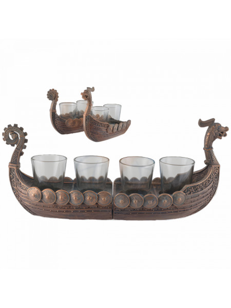 Set 4 pahare de shot/tuica din sticla cu suport Corabia Vikinga 31 cm finisaj bronz