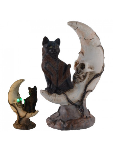 statueta cu led din rasina pictata manual ce reprezinta o pisica pe o semiluna in forma de craniu