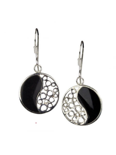 Cercei lungi din argint cu onix Yin Yang 1.5cm