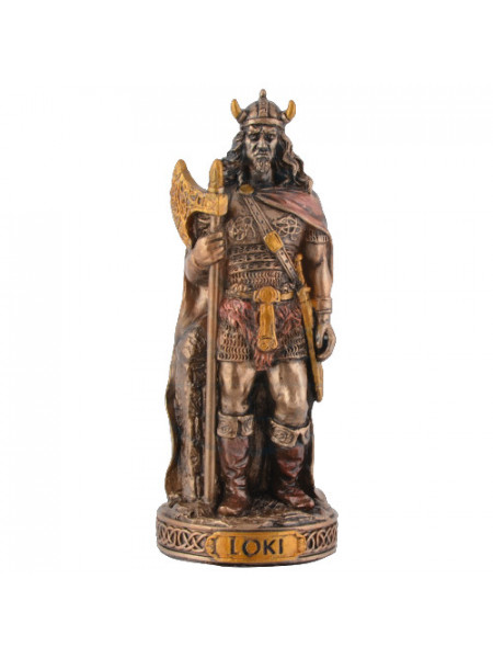 Mini statueta construita din rasina de culoarea bronzului reprezentand zeul nordic Loki, dimensiune 9 cm