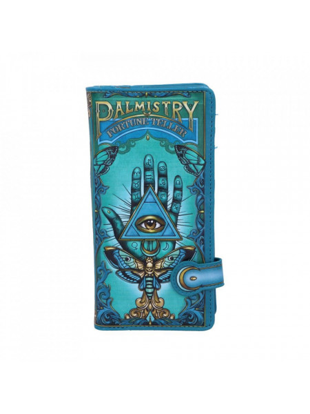 Portofel lung embosat, de culoare albastru cu auriu cu simboluri mistice, Palmistry si ochiul lui Horus iar dimensiunea este de 18,5 cm. lungime, Nemesis Now.
