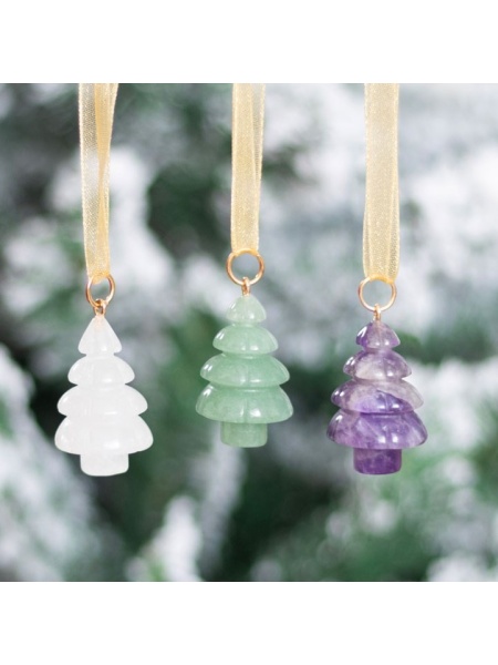 Set 3 decoratiuni in forma de brad de Craciun din cristale - quartz transparent, ametist, aventurin