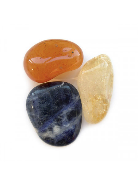 Set de trei pietre semipretioase pentru noroc, cu sodalit albastru, carneol si citrin, multicolore.