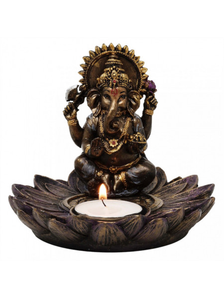 Suport lumanare zeul hindus Ganesha pe Floare de Lotus 11x12 cm