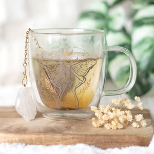 Cana din sticla cu pereti dubli cu infuzor de ceai cu cristal, Light Luna Moth - Img 2