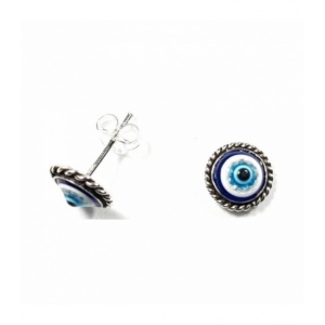 Cercei mici cu surub si tija, din argint cu margini stilizate Ochiul Protector (Evil Eye) 10mm