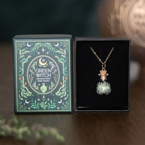 Colier cu lantisor auriu in forma de sticluta cu pietre de aventurin, Green Witch