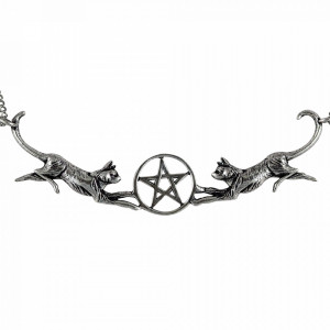 Colier Witches Familiars - Pisicute cu Pentagrama, placat cu argint, talisman pentru protectie, 7.5 cm