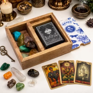 Cutie din lemn pentru Tarot cu 2 compartimente si suport pentru carte, 15 cm - Img 3