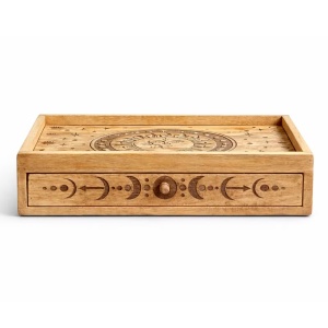 Cutie Tarot din lemn Soare si Luna cu sertar si suport pentru carti, 35.5 cm