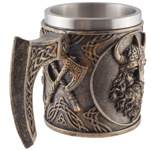 Halba finisaj bronz Viking cu topoare si cap de razboinic, 350 ml, cupa detasabila din inox - Img 6